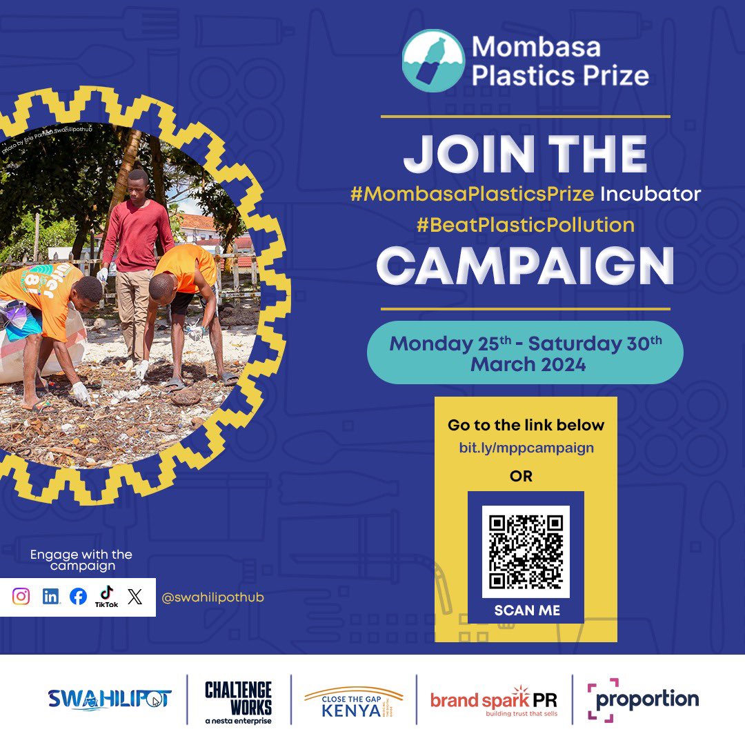 Join forces with Swahilipot Hub, alongside some of our partners, and innovators in our collective efforts to combat plastic pollution! Engage with us in the #MombasaPlasticsPrize Incubator's #BeatPlasticPollution Social Media Campaign, happening from Monday 25th till Saturday