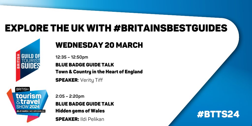 Don't miss out on our talks from #BritainsBestGuides in the Theatre today! We have two sessions from Verity Tiff at 12:35pm and Idli Pelikan at 2:05pm. Don't miss them! #BTTS24 #TourismShow #Tourism #VisitEngland #VisitWales #VisitScotland #VisitIreland #BritishTourism