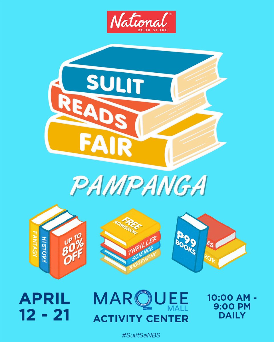 The #NationalBookStore Sulit Reads Fair is heading to PAMPANGA! Mekeni na, mga Laking National shoppers and bookworms from the North! 🥳 ‼FREE ENTRANCE. RSVP NOW: bit.ly/nbssrfpep‼ #MarqueeMall #Pampanga #SulitReads #SulitSaNBS