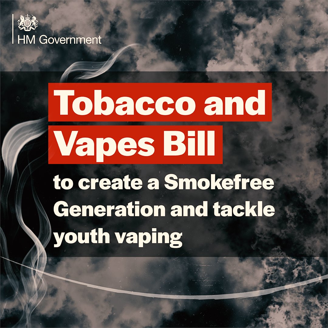 The historic Tobacco and Vapes Bill introduces measures to protect future generations from the harmful impacts of smoking and the many health problems it causes.

The UK’s Chief Medical Officers welcome new legislation around a #SmokefreeGeneration.

Read: gov.uk/government/new…