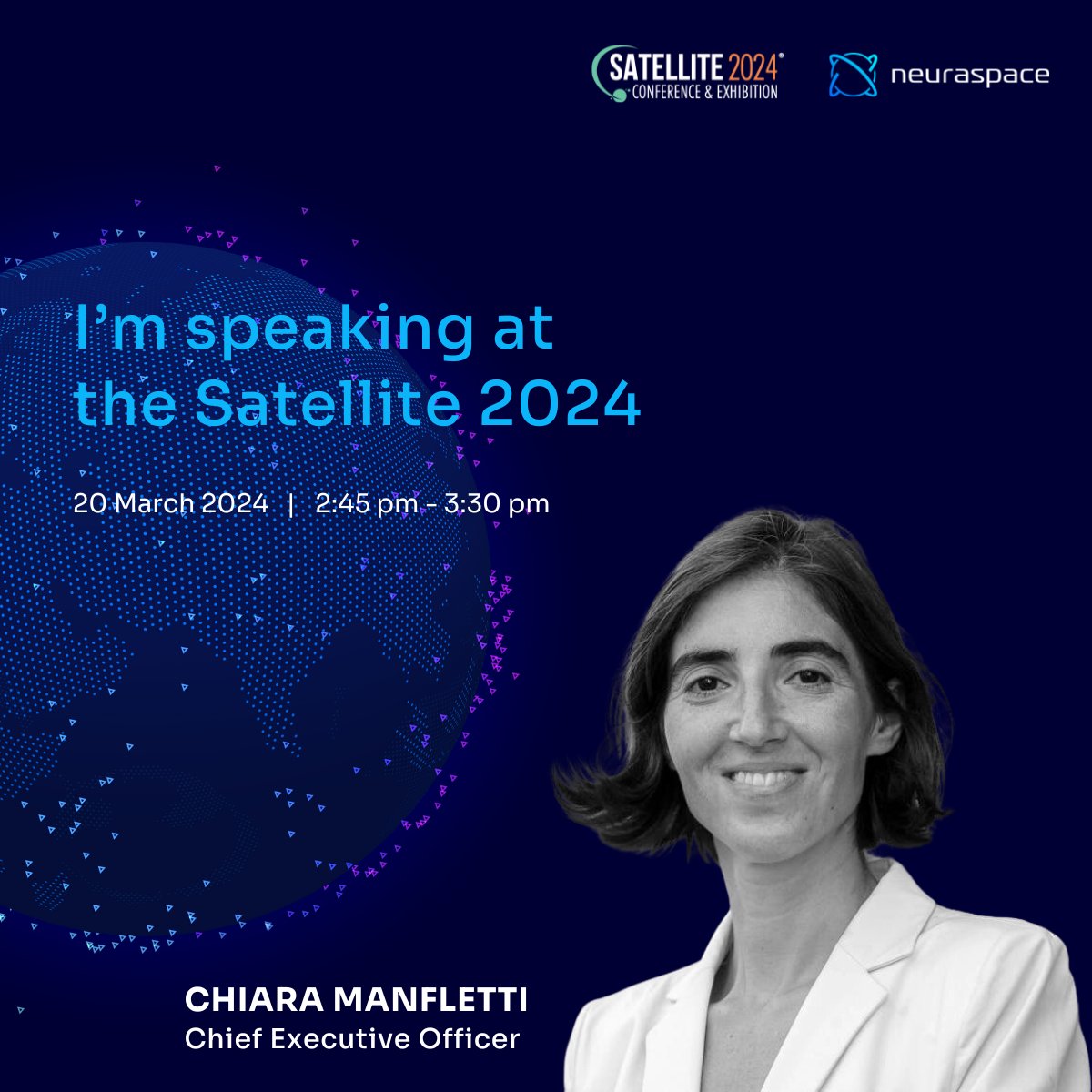 Chiara Manfletti is speaking today at the Satellite 2024 on 'Decluttering Space: The Future of Sustainable Space Policy'. Catch the session from 2:45 to 3:30 pm in Room 145 A/B. Attend the panel discussion to learn more about the recent developments in tackling space debris.