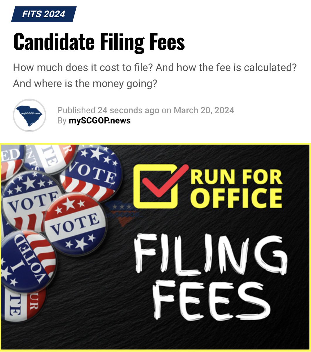 How much does it cost to file? And how the fee is calculated? And where is the money going?

myscgop.news/2024/03/20/can…

#Filing #PoliticalCandidate #mySCGOP #RunForOffice