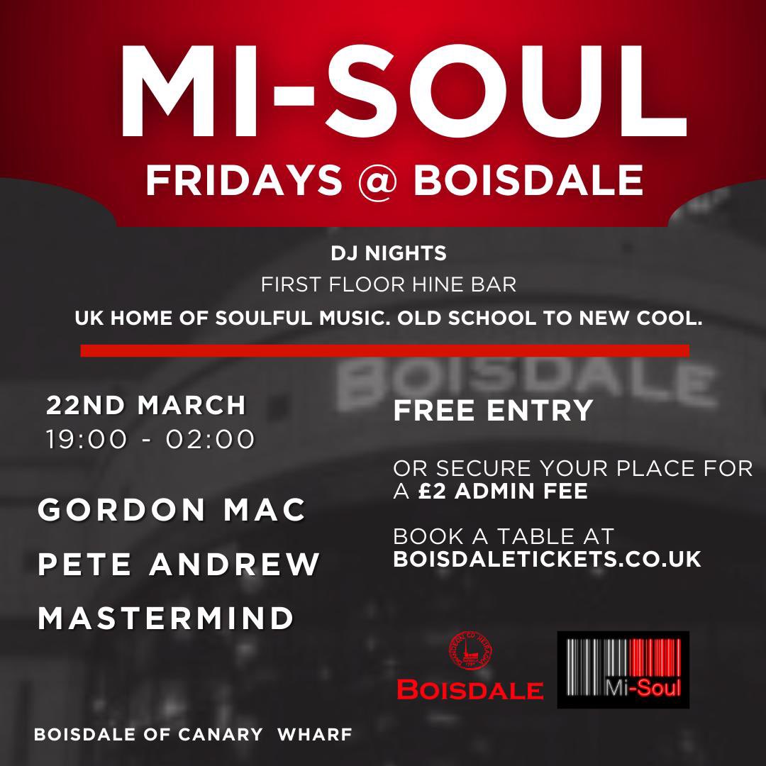 Mastermind_UK_'s tweet photo. This Friday 💃🏽 🪩 🕺🏿 @boisdaleCW #CanaryWharf it’s @misoulradio #soulmusic #oldschool and #newcool. See ya there! https://t.co/jlMwpcOZo3