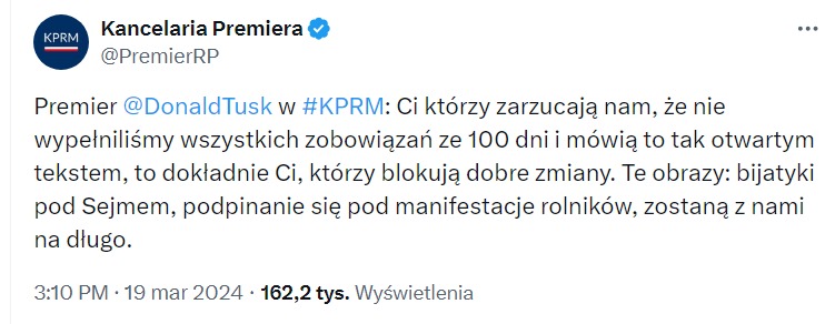 Rząd przez 3 miesiące nie był w stanie zwiększyć kwoty wolnej od podatku, zmienić sposobu naliczania składki zdrowotnej czy wprowadzić dobrowolnego ZUSu, ponieważ bojówki Kierwińskiego musiały pacyfikować protest rolników. Bezczelność Tuska jest niepodrabialna.