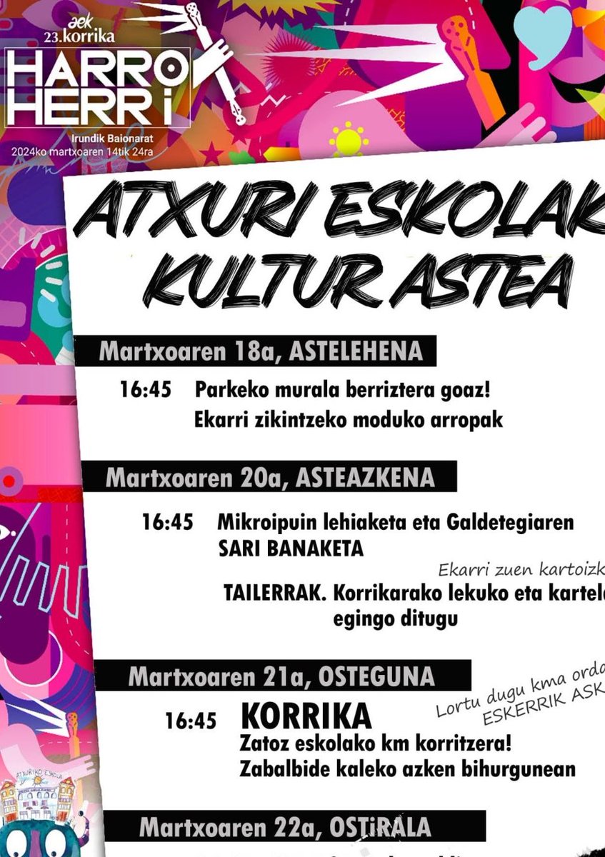 Eta bihar, martxoak 21, 16:45etan eskolako km-a hartzera etorri gurekin Zabalbide kaleko azken kurban!!!
#korrika24