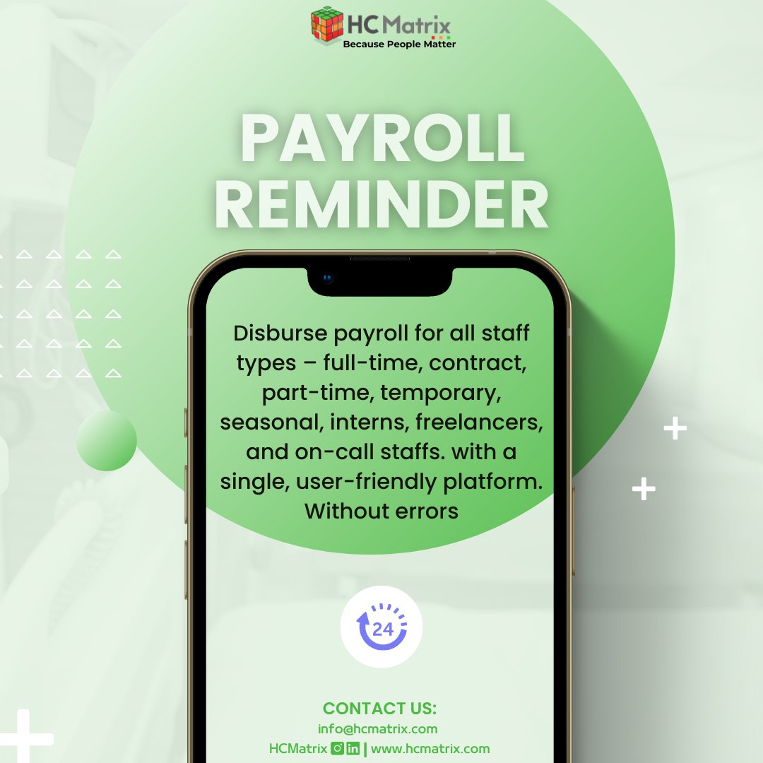 Hi,

Just a friendly heads-up from HCMatrix! It's that time of the month again – payroll processing is underway.

HCMatrix is working diligently behind the scenes to ensure all your employee data is accurate and up-to-date for a smooth and timely payout.

#PayrollProcessing #HR