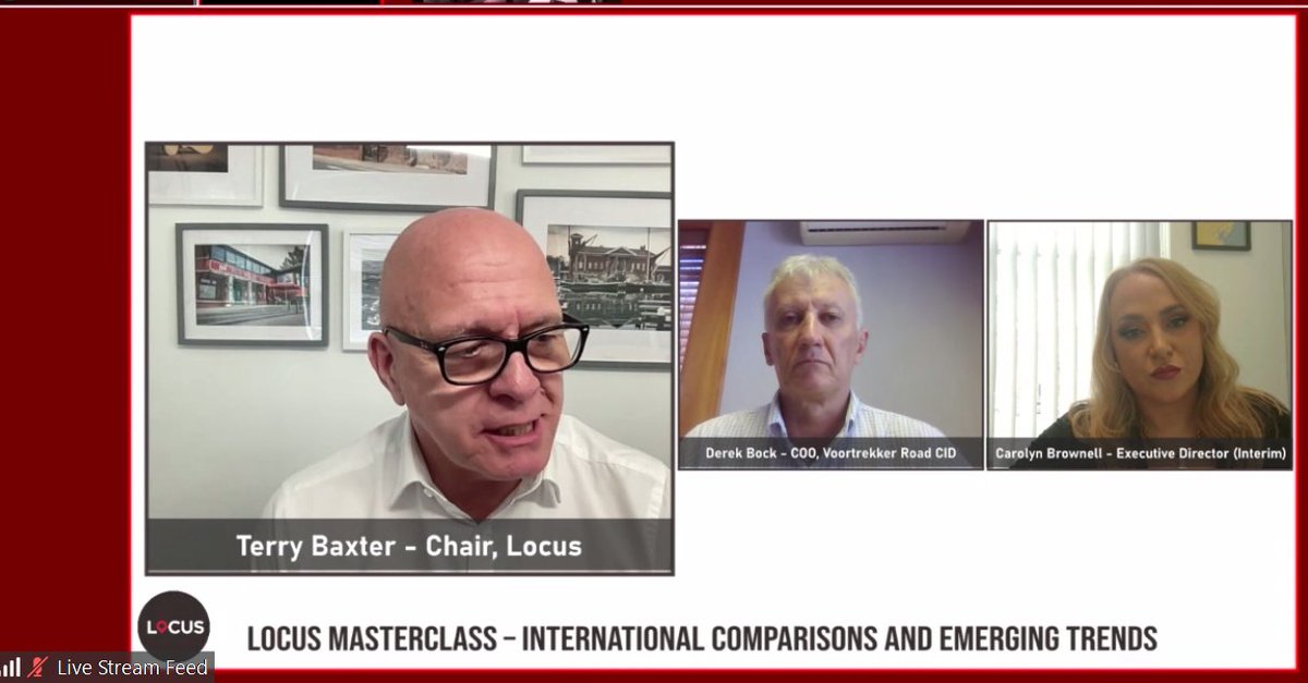 Thank you to Locus for the panel invite for 'International Comparisons &amp; Emerging Trends'. Fascinating to hear about Voortrekker Rd CIDs 90% occupancy rate &amp; majority spend on safety resulting more cameras &amp; response vehicles than their local Police force, big contrast UK BIDs.
