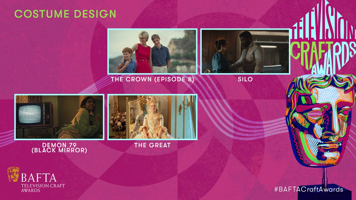 First up, the Costume Design nominees… THE CROWN (EPISODE 8) SILO DEMON 79 (BLACK MIRROR) THE GREAT #BAFTACraftAwards