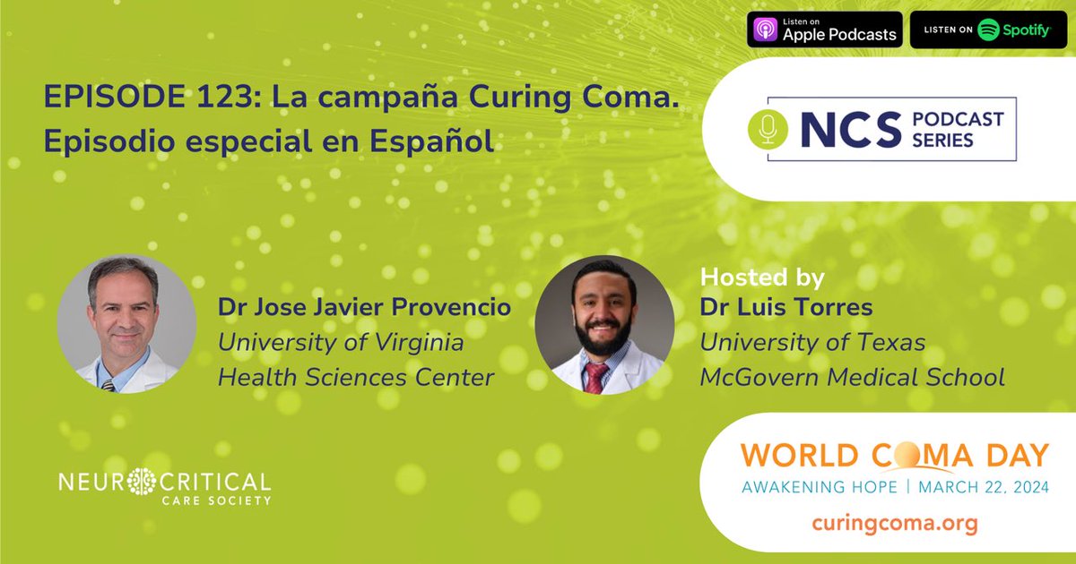 My first time venturing in the Podcast World! First ever Neurocritical Care Society podcast en ESPAÑOL! Interviewed a true leader in NCC, Dr. Javier Provencio regarding the #CuringComa campaign. Compártelo con todos los de habla hispana! #NeurocriticalCare