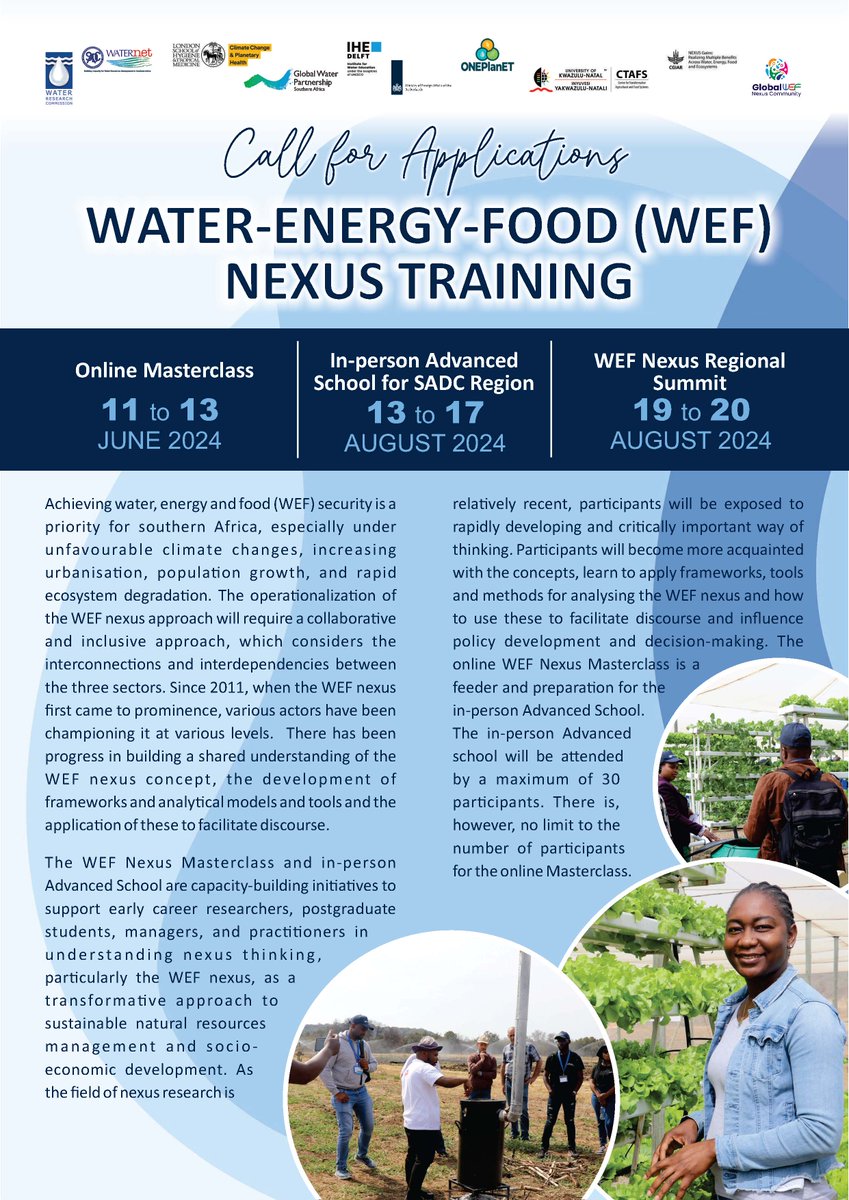 The call for applications for the 2024 Water-Energy-Food (WEF) Nexus Training is now open. 

Early career researchers, postgraduate students, and managers are welcome to apply before 30 April 2024. 
docs.google.com/forms/d/e/1FAI…