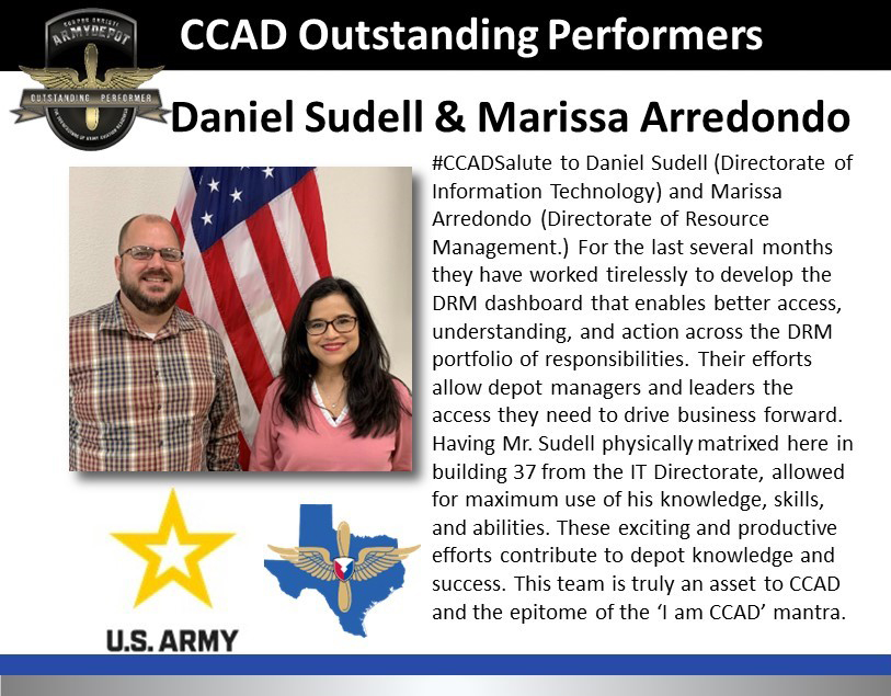#CCADSalute to Daniel Sudell and Marissa Arredondo, CCAD's outstanding performers for March 2024!
#WeAreCCAD #WeKeepTheArmyFlying #CCArmyDepot #WorkForceWednesday #CCADOutstandingPerformer #WhoWorksHereWednesday #WinningMatters https://t.co/kW9g02mS32