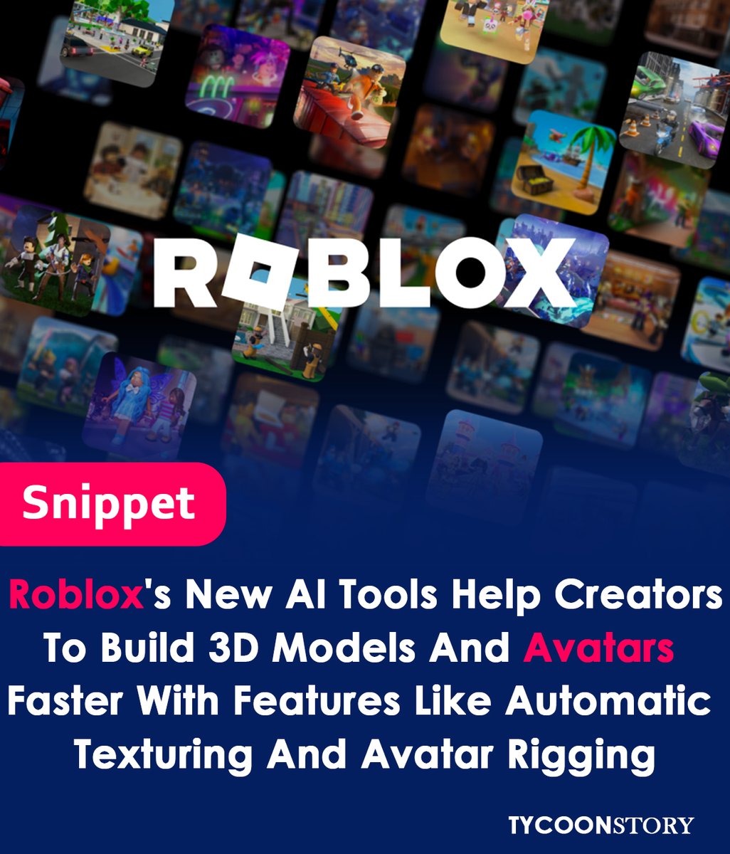 TycoonStoryCo's tweet photo. Roblox launches new AI tools to speed up 3D model and avatar creation
#Roblox #AI #3DModeling #GameDev #AvatarCreation #TextureGenerator #Automation #GameDesign #IndieDevs #RobloxStudio #ContentCreation #FasterDevelopment #Innovation #MachineLearning #RobloxCommunity @Roblox https://t.co/CPFI1HenAb