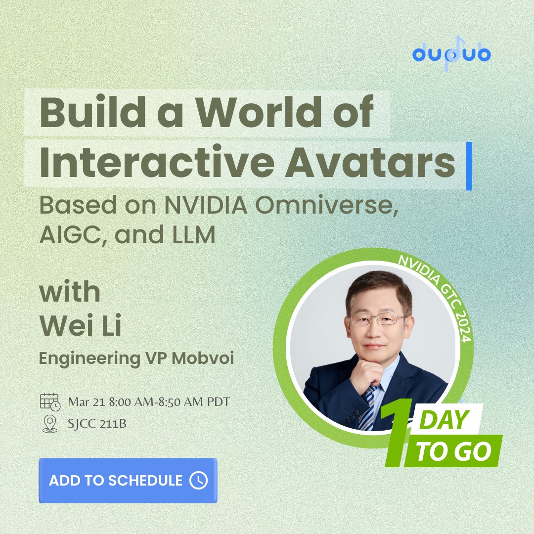 Are you ready? It’s Dupdub time! 
Set an alarm for 1 day and tune in to our session at <a href="/nvidia/">NVIDIA</a> #GTC24 
Can’t wait to share the latest info about our NEW FEATURE with you all!

#NVIDIA #AI #GeneratedAI #LLM #3D #NVIDIAOmniverse #Audio2face #Dupdub