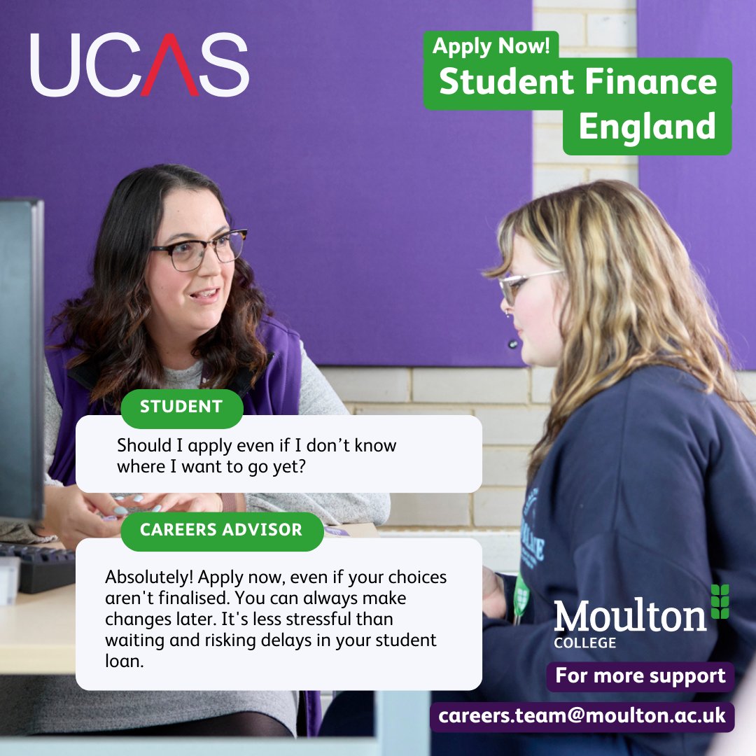 Need help with your student loan application? 😕 Our Careers team is here to help! Reach out today for expert advice and get all your questions answered. Drop us an email at careers.team@moulton.ac.uk. 📧 #StudentLoans #Support