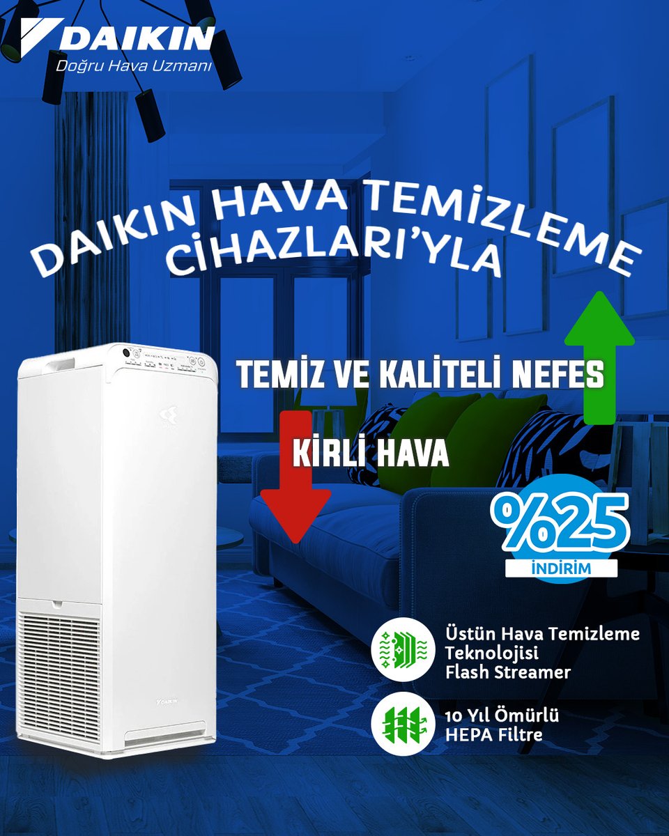 Bazı soruların cevaplarını çok düşünmeye gerek yok! 😍😍
%25 indirimli Daikin Hava Temizleme Cihazları’yla temiz ve kaliteli nefes ‘’in'', kirli hava ‘’out.''

#Daikin #DoğruHavaUzmanı #İklimlendirmeSektörü #HavaTemizlemeCihazı #temizhava #kalitelihava