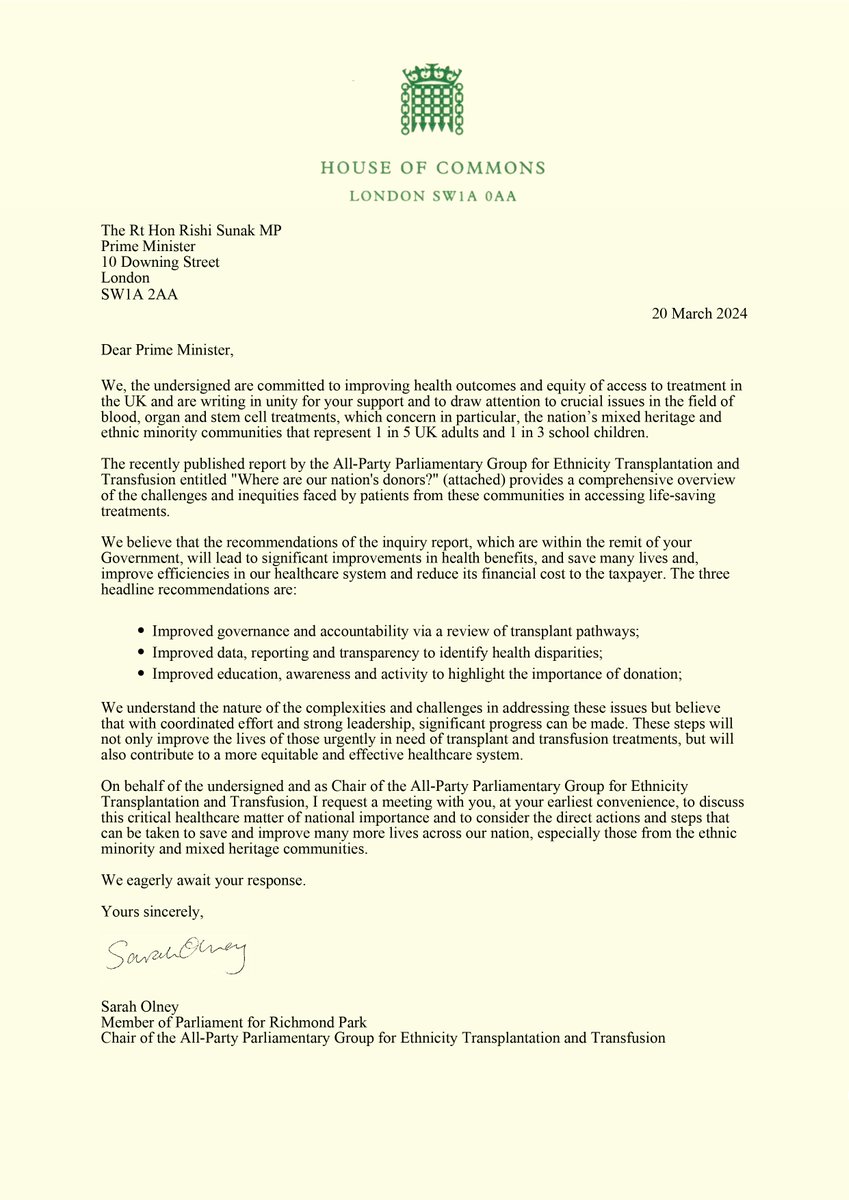 Sarah Olney (@sarahjolney1) on Twitter photo 1/ Today, I have written to the Prime Minister on behalf of <a href="/swab4margot/">Team Margot</a> alongside 110 co-signatories including <a href="/EdwardJDavey/">Ed Davey</a>, <a href="/campbellclaret/">ALASTAIR CAMPBELL</a>, <a href="/TrevorPTweets/">Trevor Phillips</a> and <a href="/jayblades_/">Jay Blades MBE</a> to demand urgent action to address the shortage of organ, blood and stem cell donors in the UK. 1/ Today, I have written to the Prime Minister on behalf of <a href="/swab4margot/">Team Margot</a> alongside 110 co-signatories including <a href="/EdwardJDavey/">Ed Davey</a>, <a href="/campbellclaret/">ALASTAIR CAMPBELL</a>, <a href="/TrevorPTweets/">Trevor Phillips</a> and <a href="/jayblades_/">Jay Blades MBE</a> to demand urgent action to address the shortage of organ, blood and stem cell donors in the UK.