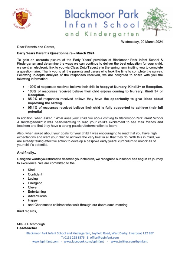 bpinfant's tweet photo. Please find attached the letter sharing the outcomes of our recent Early Years Questionnaire. ππ«π£οΈ! Thank you for your support and involvement during our journey of school improvement π. @ThreeSaintsEYFS #ThreeSaintsEYFS @the3saints https://t.co/T71dinQLoa