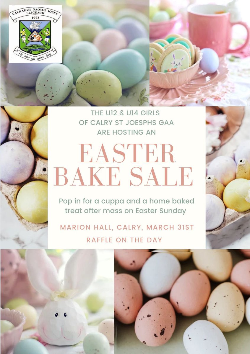 The u12 &amp; u14 Gaelic Girls are hosting an Easter bake sale &amp; tea/coffee morning after mass on Easter Sunday in The Marian Hall. Raffle prizes on the day too. All support welcome. 

All home baking for u16, u18 and all across the club gratefully accepted.