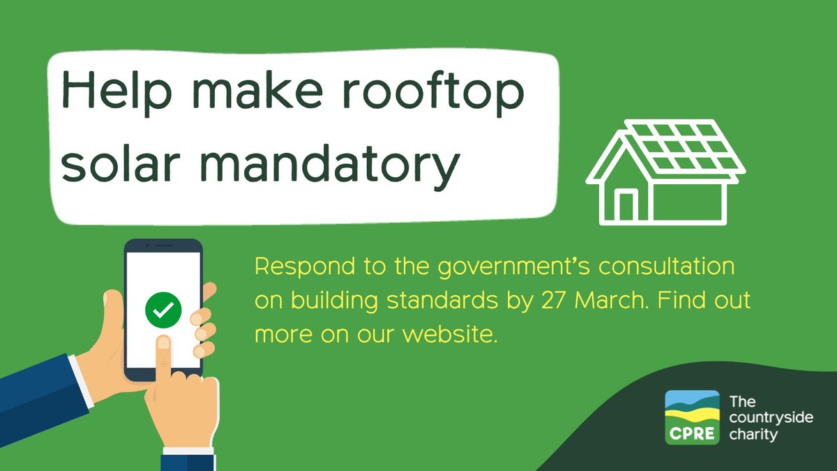 There's one week left to show your support for mandatory rooftop solar on new buildings! ✅ Together we can protect our beautiful countryside while moving forward towards #netzero. 🕓 Respond to the consultation by 27 March 👇 cpre.org.uk/news/governmen…