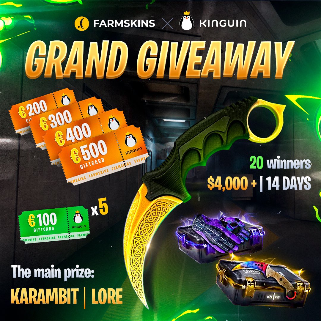 @farmskins 𝙭 @KinguinNet 𝙂𝙍𝘼𝙉𝘿 𝙂𝙄𝙑𝙀𝘼𝙒𝘼𝙔 𝙏𝙄𝙈𝙀! 🎉 Kinguin gift cards, Farmskins cases and… 𝘁𝗵𝗲 𝗺𝗮𝗶𝗻 𝗽𝗿𝗶𝘇𝗲 𝗶𝘀 ★ 𝗞𝗮𝗿𝗮𝗺𝗯𝗶𝘁 | 𝗟𝗼𝗿𝗲! 💛 $𝟰,𝟬𝟬𝟬, 𝟮𝟬 winners, 𝟭𝟰 days 𝗛𝗼𝘄 𝘁𝗼 𝗷𝗼𝗶𝗻👇 🐧 Follow both 🐧 Like & RT 🐧 Tell us…