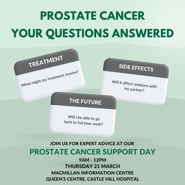 We'll be hosting a #ProstateCancer awareness day tomorrow, Thurs 21 March, 9am to 12pm in the Queen's Centre, Castle Hill. Whether you're a patient, family member or carer, you're likely to have lots of questions. Pop and see us for confidential information and advice.