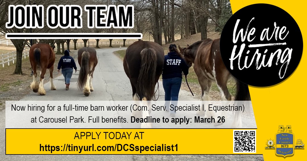 Carousel Park Equestrian Center in Pike Creek, DE is hiring for a full-time barn worker. Full benefits are available. Deadline to apply is March 26. Apply today at tinyurl.com/DCSspecialist1 #netde #nccde #dejobs #equestrianjobs #delawareequestrians