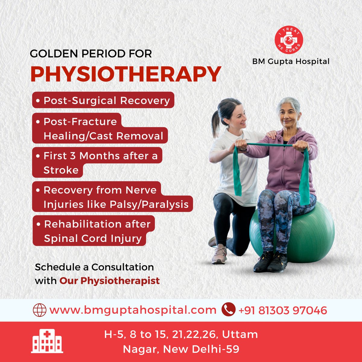 'Unlocking the Golden Period for Physiotherapy at BM Gupta Hospital.
For more info 
Call us at  91 81303 97046
Mail us: bmguptagnh@gmail.com

#BMGH #BMGuptaHospital #health #healthcare #PhysiotherapyCare #GoldenPeriod #RehabilitationServices #PostSurgicalRecovery #FractureHealing