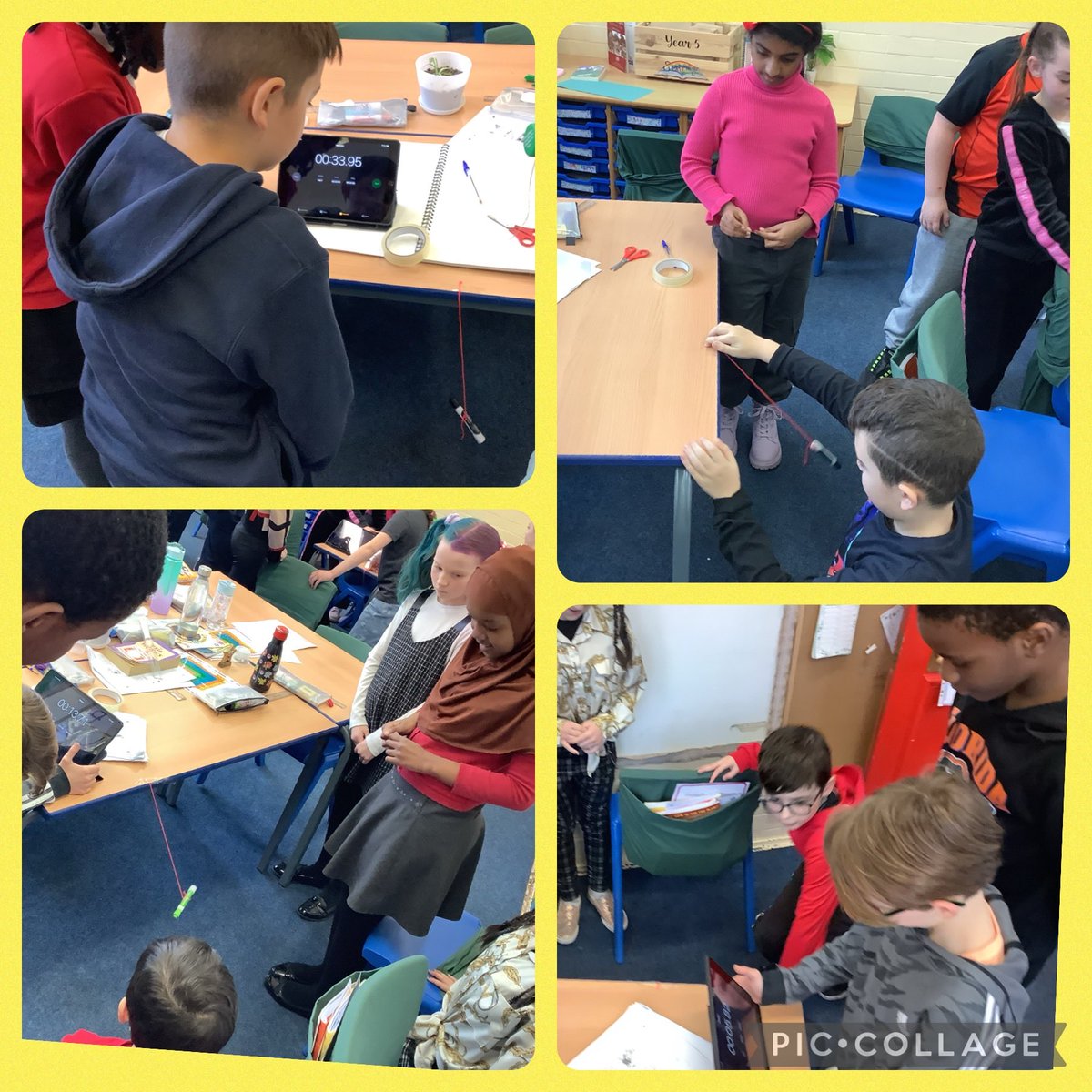FPMrsMcMillan's tweet photo. Year 5 experimented with pendulums during British Science Week. We investigated how increasing air resistance by adding different -sized pieces of card, affects the time it took our pendulums to stop. @FallaParkSchool @Miss_Carr_Falla @Mrs_Crellin https://t.co/HXHjUCCEoG