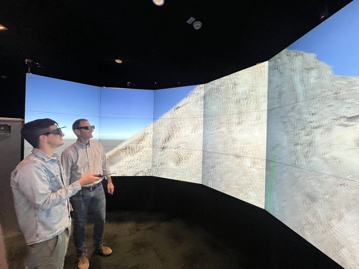 Professor Thomas Finkbeiner's group from ANPERC inspects a virtual outcrop created from photogrammetric data acquired on Jebel Madar in Oman to map fault and fracture networks on our state-of-the-art semi-immersive 3D facility.

#KVL #ANPERC #KAUST #VR
