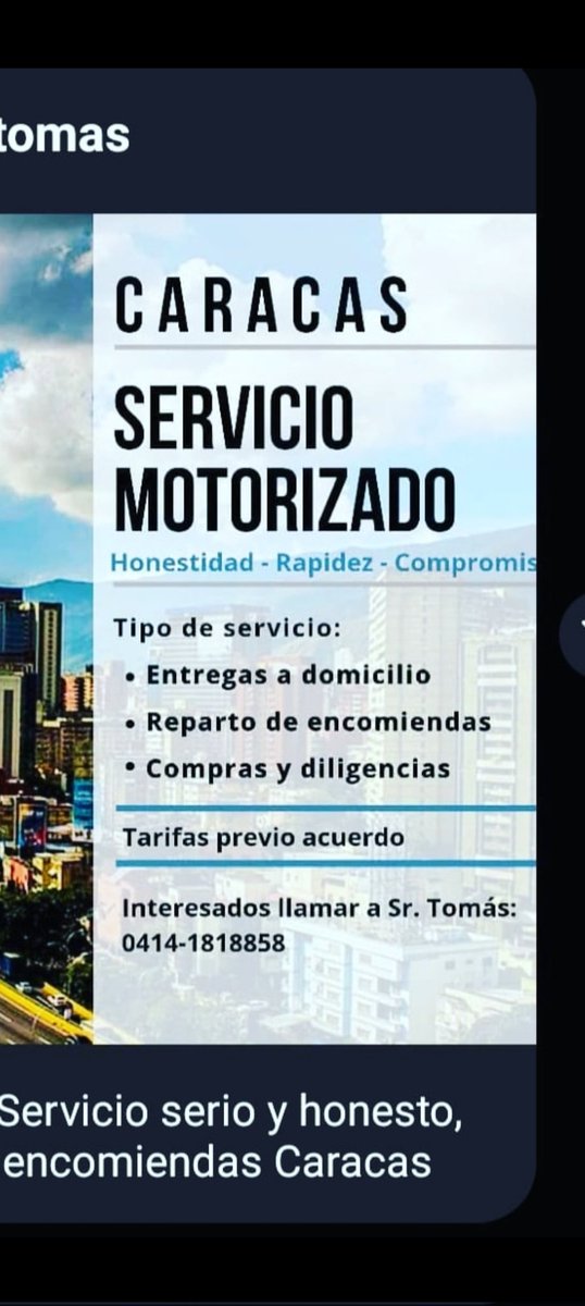 Necesitas servicio de encomiendas, motorizado en Caracas? Con los ojos cerrados recomiendo a #TomasGibs . Un Señor Motorizado! Si le das RT, entre todos lo ayudamos a trabajar.