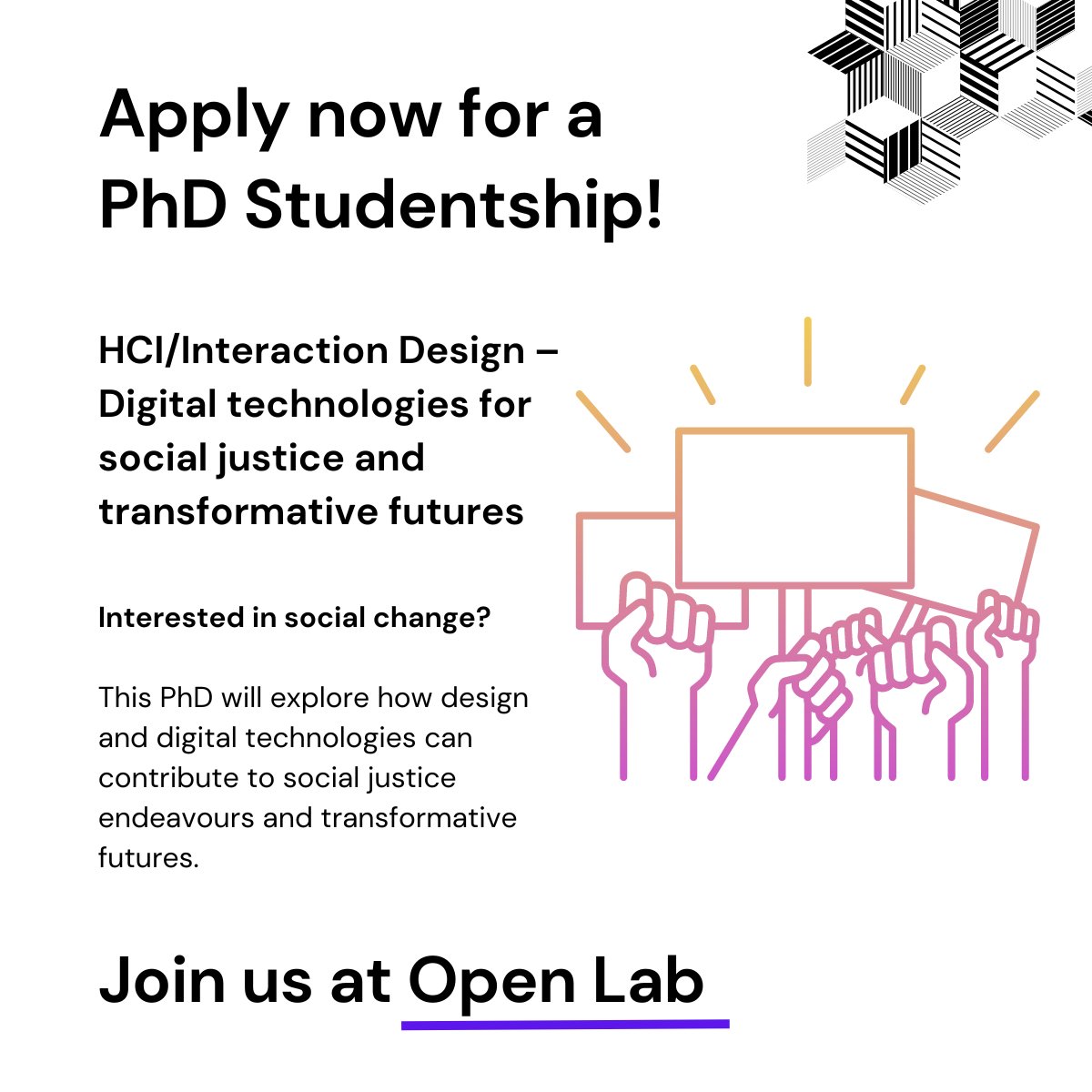 Interested in social change? We have a fully-funded PhD Studentship available. This PhD will explore how design and digital technologies can contribute to social justice endeavours and transformative futures. Deadline: 31 May 2024 Apply here ➡️ lnkd.in/eFSyG9pE