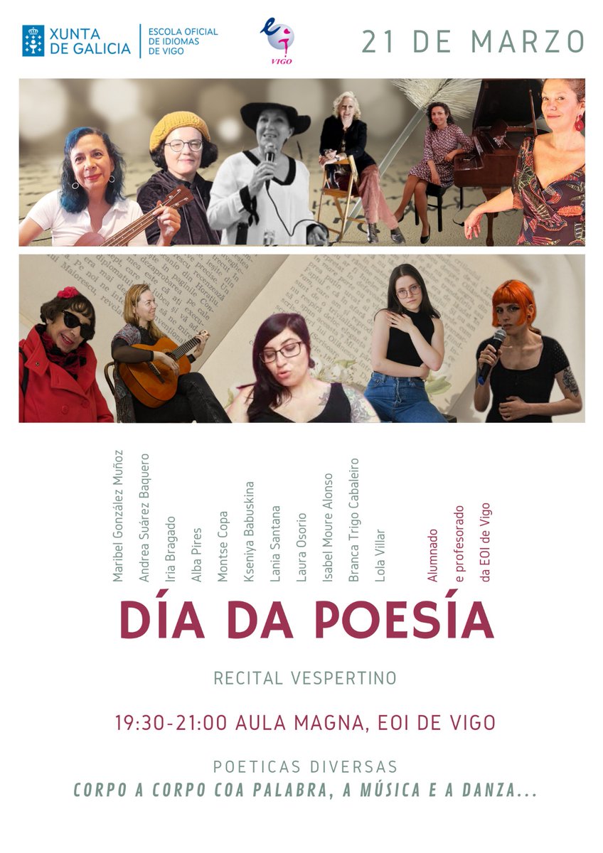 Mañá, xoves 21 de marzo, vide celebrar o Día da poesía na EOI de Vigo! Contaremos con eventos pola mañá e pola tarde. 👇👇