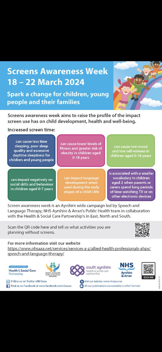 I am supporting Screens Awareness Week here in Ayrshire! See below information on the impact screen use has on child development, health and wellbeing #screenawarenessweek @NHSaaa @weepeoplechat @lyndsaymcr @SAC_Reads @sahscp