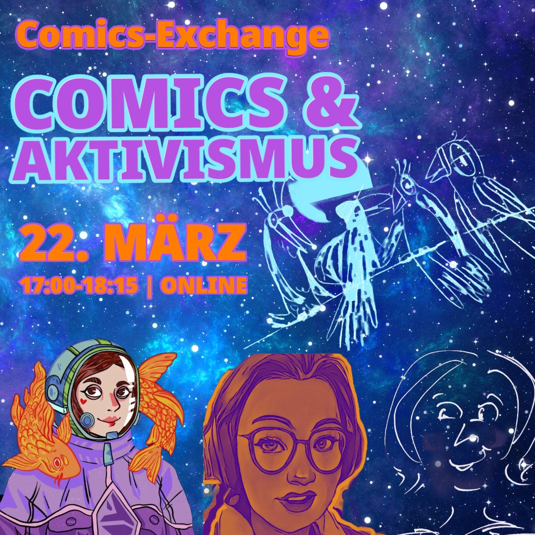 Der nächste Comics-Exchange findet diesen Freitag (22. März) von 17:00 bis 18:15 online statt und widmet sich dem Thema "Comics &amp; Aktivismus"
Unsere Gäst*innen sind lina.a.tari, 123-Comics, Charlotte Lerg &amp; Iris Haist. Mehr Infos: agcomic.net/events/comics-…