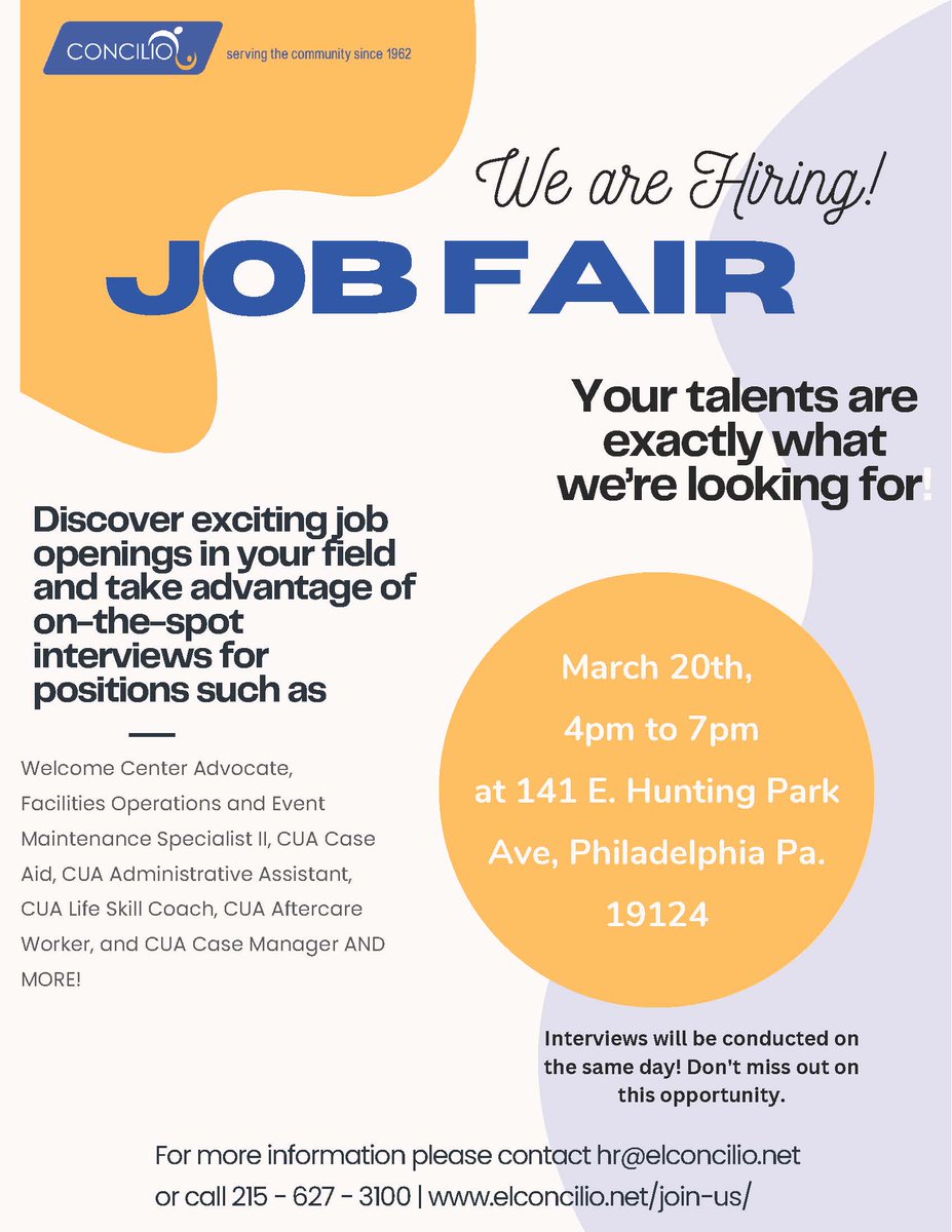 HAPPENING TODAY!

#CareerFair at <a href="/ConcilioPhilly/">LOVE</a> Ballroom. Stop by to speak to recruiters TODAY.

141 E Hunting Park Ave, Philly, 4p-7p, 215-627-3100