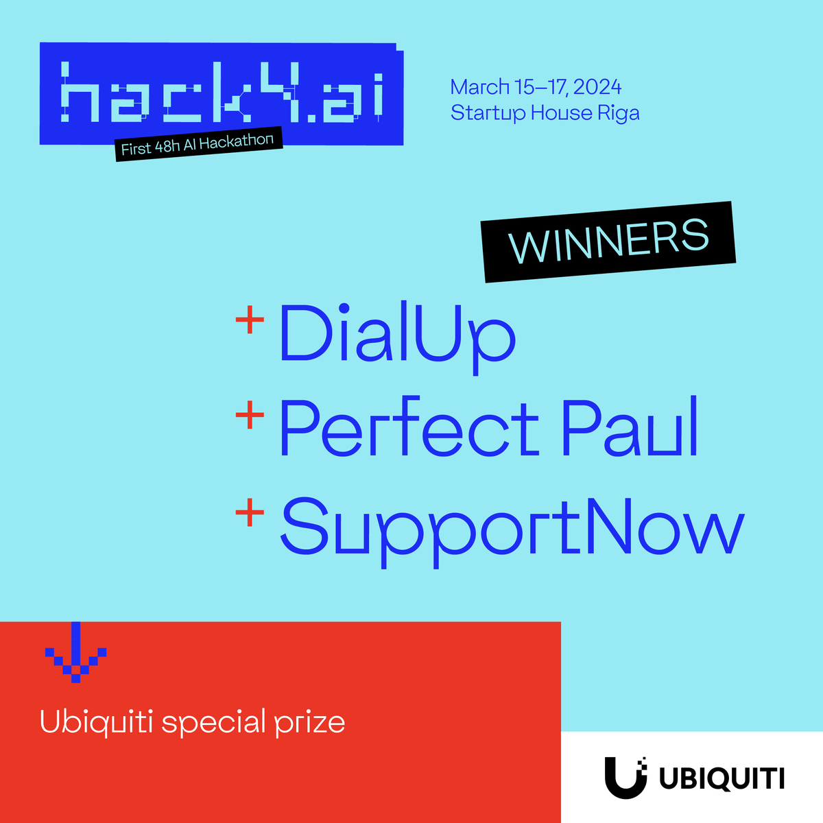 hack4ai's tweet photo. Congrats to DialUp, Perfect Paul, &amp; SupportNow on their special Ubiquiti prizes! These teams are revolutionizing dementia care, scam prevention, and customer service.  Excited for what's next! #Hack4AI https://t.co/7bnrkxCSGU