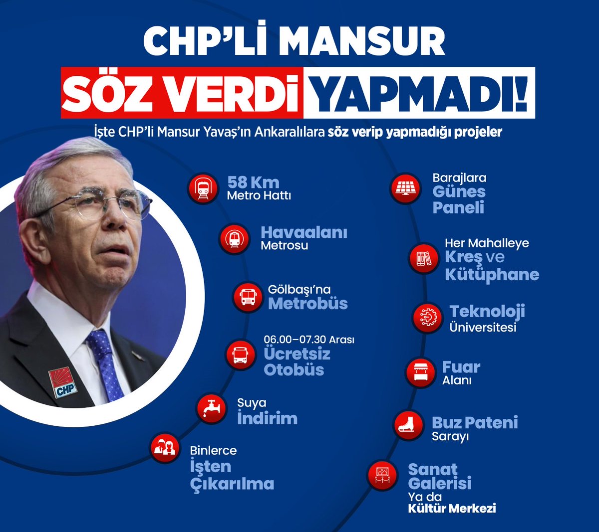 5 yıl boyunca Ankaralı hemşehrilerimize, Mansur Yavaş ' ın söz veripte yerine getiremediği projeler ⤵️ #MansurSözVerdiYapmadı