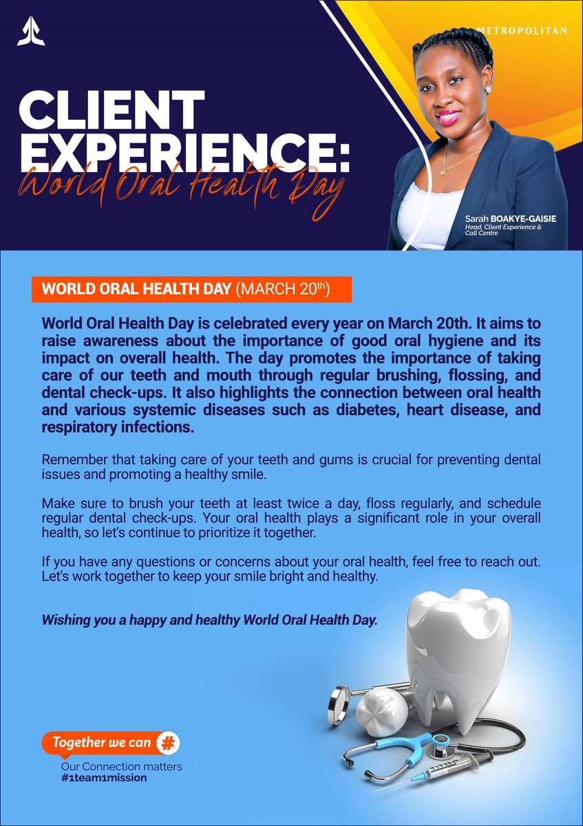 WORLD ORAL HEALTH DAY!

Here's a few things to take note of concerning Oral Health as we mark this day.

#oralcare
#oralhygeine
#metropolitanghana
#togetherwecan