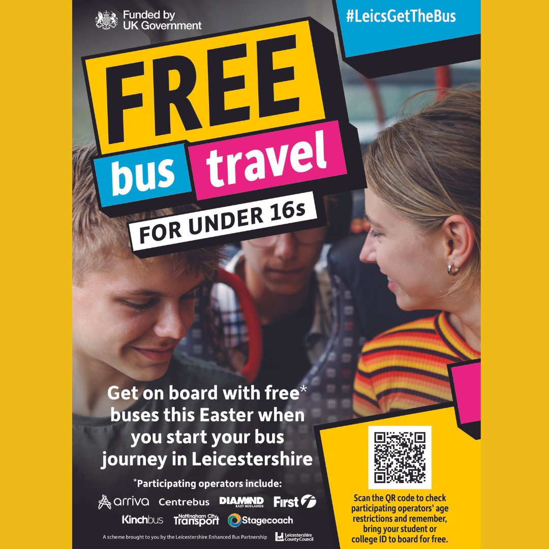 Free bus travel is available this Easter in Leicestershire for under 16's from Saturday 23rd March till Sunday 7th April! 🚌 Further details can be found by scanning the QR code or by visiting: choosehowyoumove.co.uk/free-child-and… #ActiveCharnwood #LetsGetMovingLLR #LeicsGetTheBus