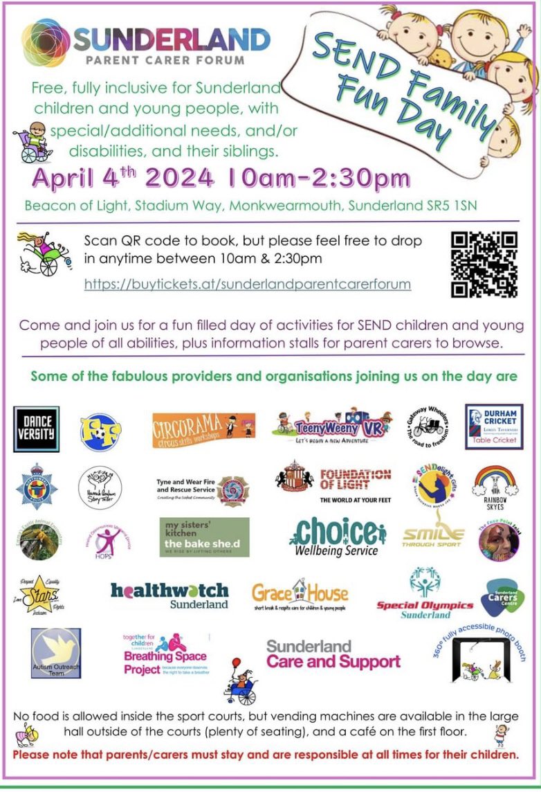 Our very popular SEND family funday is back again for the 3rd year. Bigger and better! Scan the QR code to book or just drop in on the day