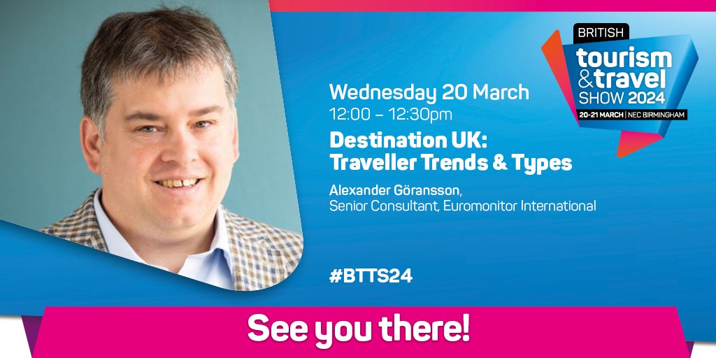 Alexander Göransson from Euromonitor will be live in 15 minutes in the Keynote Theatre at the British Tourism & Travel Show 2024 with his keynote - Destination UK: Traveller Trends & Types #BTTS24 #TourismShow #Tourism #VisitEngland #VisitWales #VisitScotland #VisitIreland