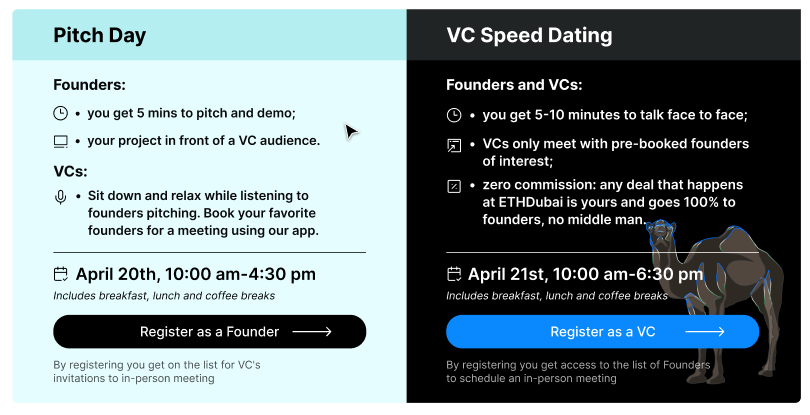 📢 All founders who registered to the conference will be able to meet with VCs on April 21st during our VC Speed Dating event. Don't have a ticket? Make sure to register now to get in time. Official VC partners include so far: - @BanklessVC - @IOSGVC - @OwlVentures