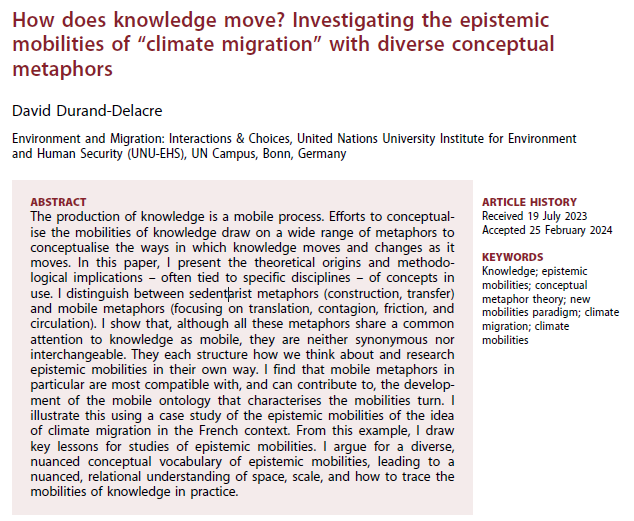 Just published a new article  in #Mobilities journal. 
tandfonline.com/eprint/DVUYQ4J… (50 free copies)
I've found the topic of #climatemigration is a productive space to reflect on how ideas circulate across academia, policy, & practice, how context affects their interpretation & use...