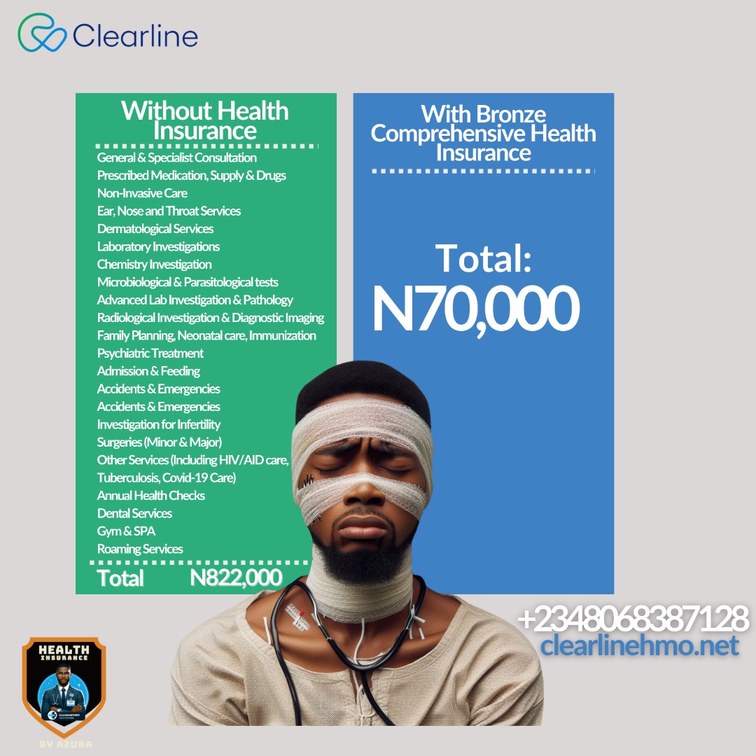 Avoid unnecessary out-of-pocket spending on sickness with ClearlineHMO Bronze comprehensive Health insurance. Enjoy multiple health coverage up to ₦822,000 on all medical services with just ₦70,000 per annum. Send a DM to +2348068387128 to learn more! #HealthInsurance  🏥💙🌟