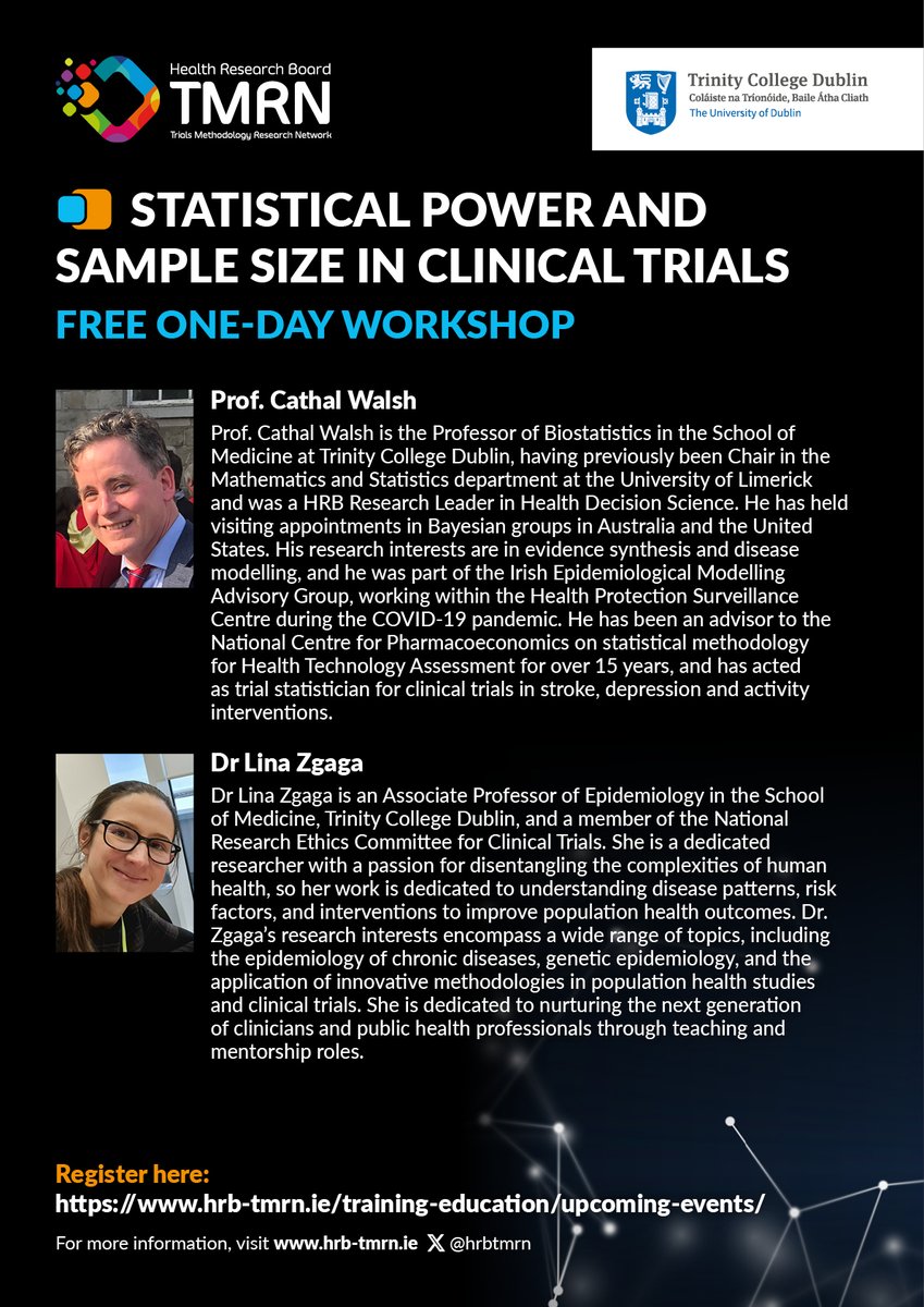 HRB-TMRN (@hrbtmrn) on Twitter photo 🚨 Training Alert! Join our colleagues <a href="/tcddublin/">Trinity College Dublin</a>
#Statistical Power & #SampleSize in #ClinicalTrials
📍 Trinity Translational Medicine Institute, <a href="/stjamesdublin/">St James's Hospital</a>
🗓️April 24th 2024
🎟️Register: hrb-tmrn.ie/training-educa…
#TrialsEssentials @HRB_NCTO <a href="/linazgaga/">linazgaga</a> <a href="/CHeDS_ie/">@cathalwalsh.bsky.social</a> 🚨 Training Alert! Join our colleagues <a href="/tcddublin/">Trinity College Dublin</a>
#Statistical Power & #SampleSize in #ClinicalTrials
📍 Trinity Translational Medicine Institute, <a href="/stjamesdublin/">St James's Hospital</a>
🗓️April 24th 2024
🎟️Register: hrb-tmrn.ie/training-educa…
#TrialsEssentials @HRB_NCTO <a href="/linazgaga/">linazgaga</a> <a href="/CHeDS_ie/">@cathalwalsh.bsky.social</a>