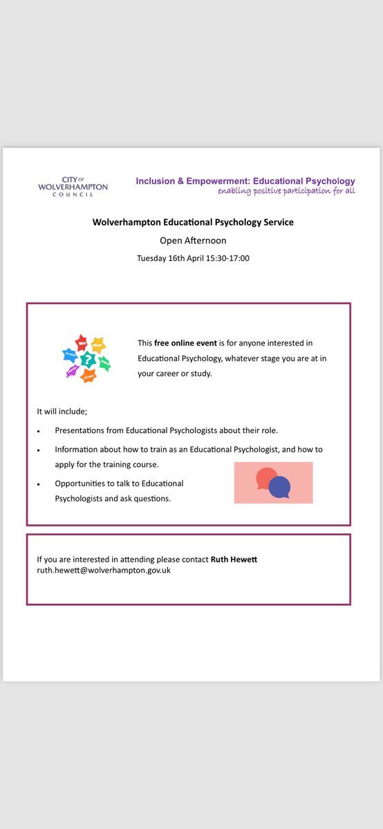 Wolverhampton Educational Psychology Service (@wolvesedpsychs) on Twitter photo Calling all aspiring EPs! We are holding an online open afternoon on Tuesday 16th April 15:30-17:00. We would love for you to join us whatever stage you are at in your journey. DM for details. <a href="/KatieCallicott/">Katie Callicott</a> <a href="/Bull17Robyn/">Dr Robyn Bullingham</a> Calling all aspiring EPs! We are holding an online open afternoon on Tuesday 16th April 15:30-17:00. We would love for you to join us whatever stage you are at in your journey. DM for details. <a href="/KatieCallicott/">Katie Callicott</a> <a href="/Bull17Robyn/">Dr Robyn Bullingham</a>
