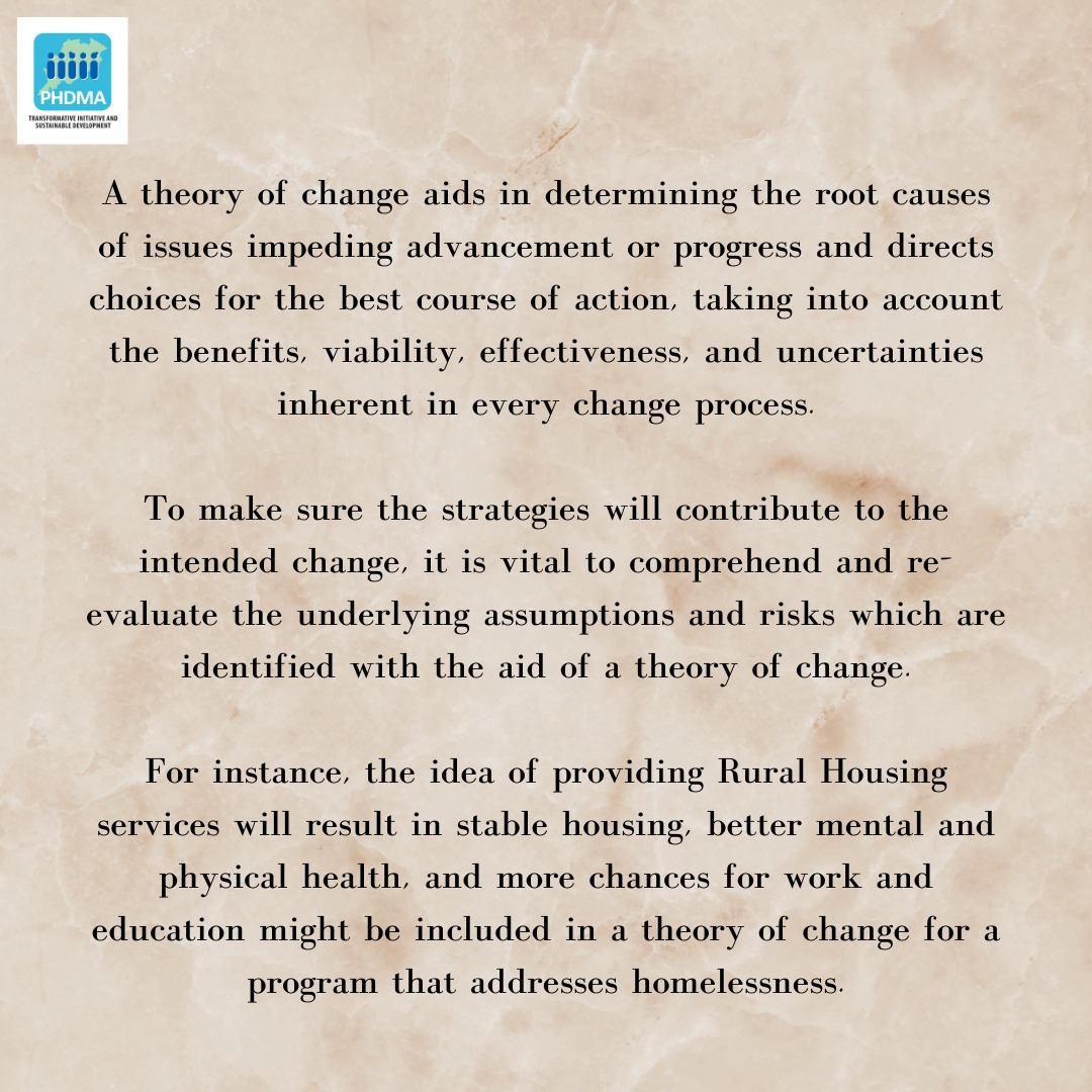 Theory of Change is a method that explains how a given intervention, or set of interventions, are expected to lead to a specific development change, drawing on a causal analysis based on available evidence. 
#TheoryOfChange #PHDMA #developmentchange