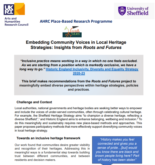 1/2 Our next @ahrcpress Place Programme Policy Brief is published! @ecraigatkins & brilliant Roots & Futures team make recommendations to meaningfully embed diverse perspectives in heritage strategies & practices Read/D-load 🔽 Media_1058430_smxx.pdf (gla.ac.uk)