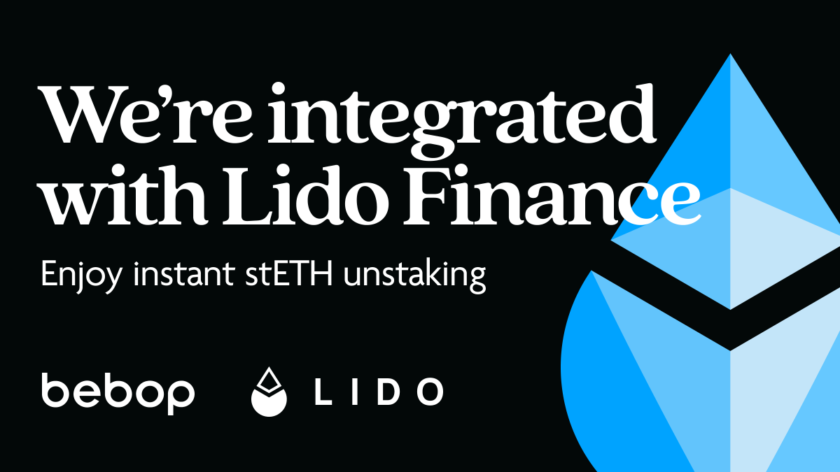 We're proud to integrate with @LidoFinance for instant stETH unstaking! 🫶 You can now enjoy: ✓ Guaranteed rates when unstaking stETH to ETH ✓ Greater gas savings by trading stETH with up to 5 different tokens 🔗 Simply connect wallet & unstake here bebop.xyz