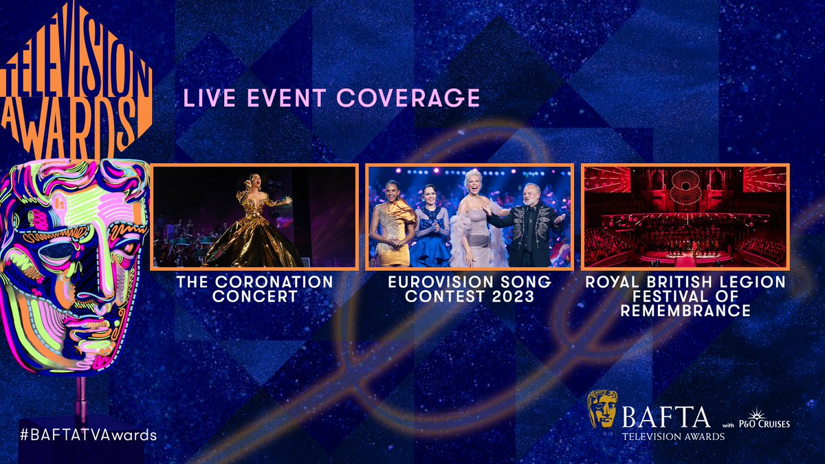BAFTA's tweet photo. And we’re live! 🔴 The Live Event Coverage nominees are…

THE CORONATION CONCERT
EUROVISION SONG CONTEST 2023
ROYAL BRITISH LEGION FESTIVAL OF REMEMBRANCE

#BAFTATVAwards with @pandocruises https://t.co/qppAOd7zXQ